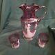 Mary Gregory Antique Bohemian Art Victorian Cranberry Pitcher With 2 Glasses