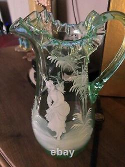 Mary Gregory Vaseline Glass Pitcher Victorian