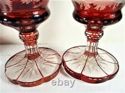 Matched Pair Ca 1880's Ruby Engraved Bohemian Pokals, Mint Condition Uncommom