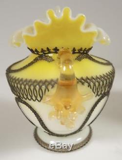 Matched Pair of Antique Victorian Era Art Glass Vases Yellow & White Cased Glass