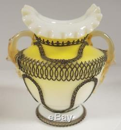 Matched Pair of Antique Victorian Era Art Glass Vases Yellow & White Cased Glass
