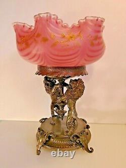 Meriden Figural Silver-plated Lions Centerpiece & Rare Victorian Cranberry Glass