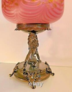 Meriden Figural Silver-plated Lions Centerpiece & Rare Victorian Cranberry Glass