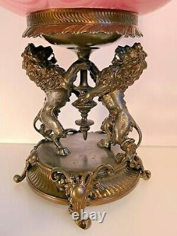 Meriden Figural Silver-plated Lions Centerpiece & Rare Victorian Cranberry Glass