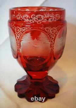 Mid 19th Century German Engraved Scenes Ruby Stained Cut Glass Goblet