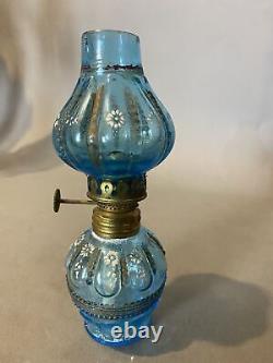 Miniature Victorian Decorated Art Glass Kero Oil Lamp with Shade