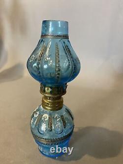 Miniature Victorian Decorated Art Glass Kero Oil Lamp with Shade