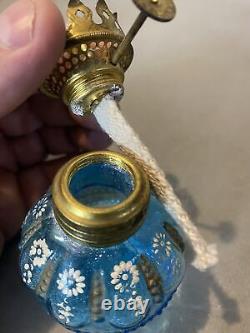 Miniature Victorian Decorated Art Glass Kero Oil Lamp with Shade