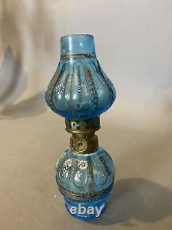 Miniature Victorian Decorated Art Glass Kero Oil Lamp with Shade