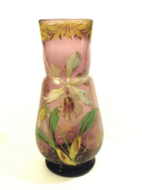 Mont Joye French Art Glass 10.75 Vase, Enameled Decoration, C. 1900