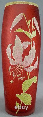 Mont Joye French Art Nouveau Hand Painted Stargaze Lily Cranberry Vase 1900 20