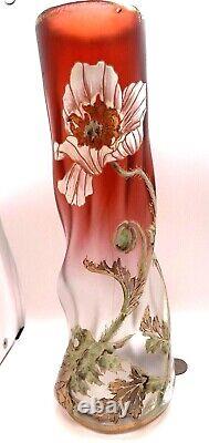 Mont Joye Paris Art Glass Cranberry to Clear Twisted Enameled Poppy Vase