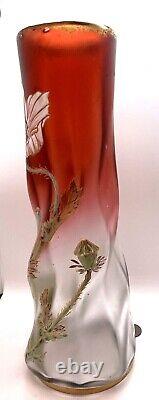 Mont Joye Paris Art Glass Cranberry to Clear Twisted Enameled Poppy Vase