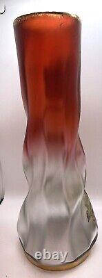 Mont Joye Paris Art Glass Cranberry to Clear Twisted Enameled Poppy Vase