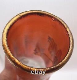 Mont Joye Paris Art Glass Cranberry to Clear Twisted Enameled Poppy Vase