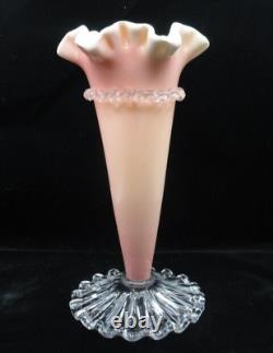 Monumental Victorian Triple Cased Pink / Yellow Art Glass Vase Applied Rigaree