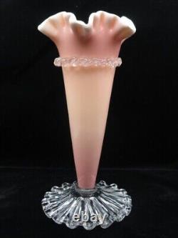 Monumental Victorian Triple Cased Pink / Yellow Art Glass Vase Applied Rigaree