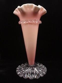 Monumental Victorian Triple Cased Pink / Yellow Art Glass Vase Applied Rigaree