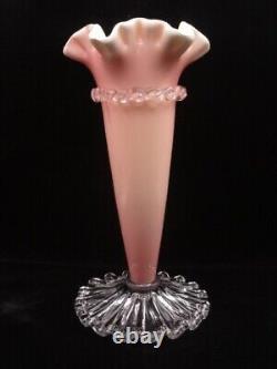 Monumental Victorian Triple Cased Pink / Yellow Art Glass Vase Applied Rigaree