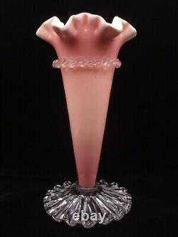 Monumental Victorian Triple Cased Pink / Yellow Art Glass Vase Applied Rigaree