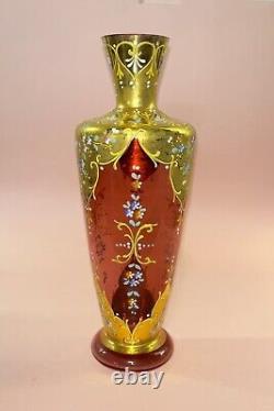 Moser 19th Century Cranberry Glass Vase Gold Guild & Enamel Accents