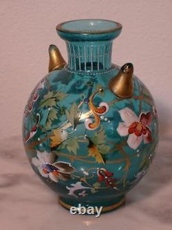 Moser 5 1/5 Blue Enamel Decorated posy Vase with Two Pointed Side Appendages
