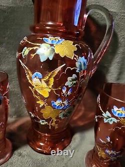 Moser Art Glass Pitcher Cranberry Enameld Gold Floral Hummingbird 4 Tumblers