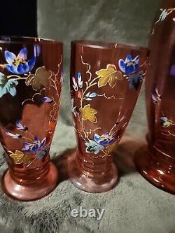 Moser Art Glass Pitcher Cranberry Enameld Gold Floral Hummingbird 4 Tumblers