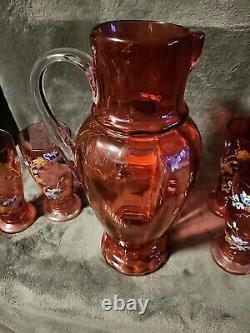 Moser Art Glass Pitcher Cranberry Enameld Gold Floral Hummingbird 4 Tumblers