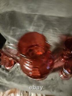 Moser Art Glass Pitcher Cranberry Enameld Gold Floral Hummingbird 4 Tumblers