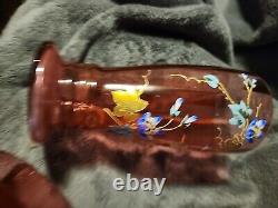 Moser Art Glass Pitcher Cranberry Enameld Gold Floral Hummingbird 4 Tumblers