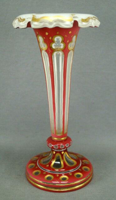 Moser Bohemian Cased Cranberry White Cut To Clear & Gold Gilt Stars Trumpet Vase