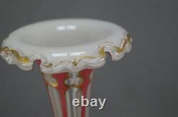 Moser Bohemian Cased Cranberry White Cut to Clear & Gold Gilt Stars Trumpet Vase