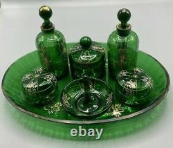 Moser Bohemian Dresser Vanity Set Emerald Green Glass with Enameled Flowers