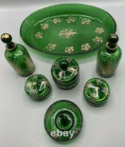 Moser Bohemian Dresser Vanity Set Emerald Green Glass with Enameled Flowers