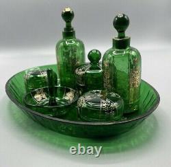 Moser Bohemian Dresser Vanity Set Emerald Green Glass with Enameled Flowers