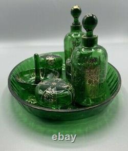 Moser Bohemian Dresser Vanity Set Emerald Green Glass with Enameled Flowers