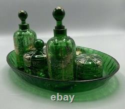 Moser Bohemian Dresser Vanity Set Emerald Green Glass with Enameled Flowers