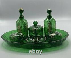 Moser Bohemian Dresser Vanity Set Emerald Green Glass with Enameled Flowers