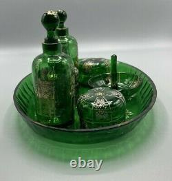 Moser Bohemian Dresser Vanity Set Emerald Green Glass with Enameled Flowers