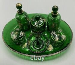 Moser Bohemian Dresser Vanity Set Emerald Green Glass with Enameled Flowers