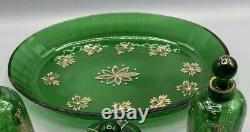 Moser Bohemian Dresser Vanity Set Emerald Green Glass with Enameled Flowers