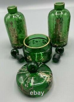 Moser Bohemian Dresser Vanity Set Emerald Green Glass with Enameled Flowers