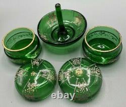 Moser Bohemian Dresser Vanity Set Emerald Green Glass with Enameled Flowers