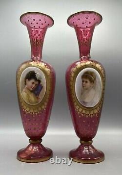 Moser Bohemian Glass Cranberry and Gilt Hand Painted Portrait Vases circa 1880s