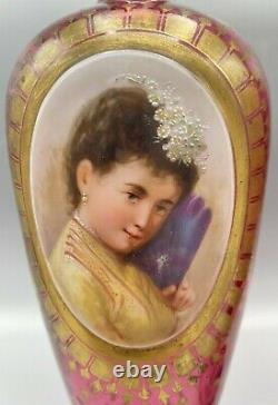 Moser Bohemian Glass Cranberry and Gilt Hand Painted Portrait Vases circa 1880s