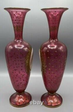 Moser Bohemian Glass Cranberry and Gilt Hand Painted Portrait Vases circa 1880s