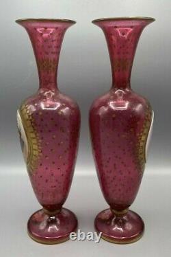 Moser Bohemian Glass Cranberry and Gilt Hand Painted Portrait Vases circa 1880s