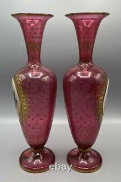 Moser Bohemian Glass Cranberry and Gilt Hand Painted Portrait Vases circa 1880s