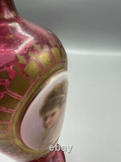 Moser Bohemian Glass Cranberry and Gilt Hand Painted Portrait Vases circa 1880s